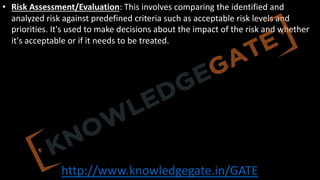 http://www.knowledgegate.in/GATE
• Risk Assessment/Evaluation: This involves comparing the identified and
analyzed risk against predefined criteria such as acceptable risk levels and
priorities. It's used to make decisions about the impact of the risk and whether
it's acceptable or if it needs to be treated.
 