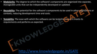 http://www.knowledgegate.in/GATE
• Modularity: The degree to which the software's components are organized into separate,
manageable units that can be independently developed or updated.
• Reusability: The potential for the software's components to be used in other applications or
contexts, reducing development time and costs.
• Testability: The ease with which the software can be tested to ensure it meets its
requirements and performs as expected.
 