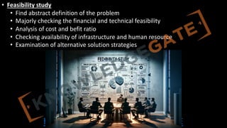 http://www.knowledgegate.in/GATE
• Feasibility study
• Find abstract definition of the problem
• Majorly checking the financial and technical feasibility
• Analysis of cost and befit ratio
• Checking availability of infrastructure and human resource
• Examination of alternative solution strategies
 