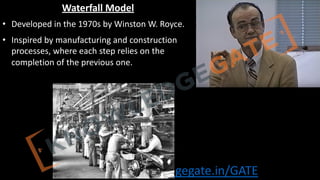 http://www.knowledgegate.in/GATE
Waterfall Model
• Developed in the 1970s by Winston W. Royce.
• Inspired by manufacturing and construction
processes, where each step relies on the
completion of the previous one.
 