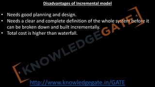 http://www.knowledgegate.in/GATE
Disadvantages of Incremental model
• Needs good planning and design.
• Needs a clear and complete definition of the whole system before it
can be broken down and built incrementally.
• Total cost is higher than waterfall.
 