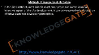 http://www.knowledgegate.in/GATE
Methods of requirement elicitation
• Is the most difficult, most critical, most error-prone and communication
intensive aspect of the s/w development. It can only succeed only through an
effective customer developer partnership.
 