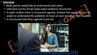 http://www.knowledgegate.in/GATE
• Interview
• Both parties would like to understand each other
• Interview can be of two types open-ended or structured
• In open ended, there is no present agenda, context free questions can be
asked to understand the problem, to have an over view over the situation
• In structured interview, agenda is pre-set.
 