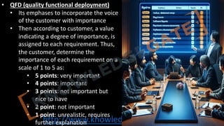 http://www.knowledgegate.in/GATE
• QFD (quality functional deployment)
• Its emphases to incorporate the voice
of the customer with importance
• Then according to customer, a value
indicating a degree of importance, is
assigned to each requirement. Thus,
the customer, determine the
importance of each requirement on a
scale of 1 to 5 as:
• 5 points: very important
• 4 points: important
• 3 points: not important but
nice to have
• 2 point: not important
• 1 point: unrealistic, requires
further explanation
 