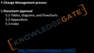 http://www.knowledgegate.in/GATE
4-Change Management process
5-Document approval
5.1-Tables, diagrams, and flowcharts
5.2-Appendices
5.3-Index
 