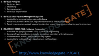 http://www.knowledgegate.in/GATE
1. ISO 9000 Principles
1. Customer focus
2. Leadership
3. Process approach
4. Continual improvement
2. ISO 9001:2015 - Quality Management Systems
1. Applicable to any organization size and industry
2. Focus on customer satisfaction, regulatory compliance, and improvement
3. Requirements cover context, leadership, planning, support, operation, evaluation, and improvement
3. ISO/IEC/IEEE 90003:2018 - Software Engineering
1. Guidance for applying ISO 9001:2015 to software engineering
2. Covers software development, supply, acquisition, operation, and maintenance
3. Addresses both product and process quality aspects
4. Applicable to various software development methodologies
 