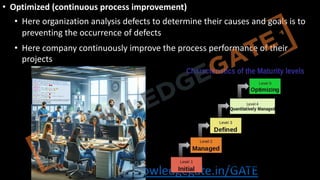 http://www.knowledgegate.in/GATE
• Optimized (continuous process improvement)
• Here organization analysis defects to determine their causes and goals is to
preventing the occurrence of defects
• Here company continuously improve the process performance of their
projects
 