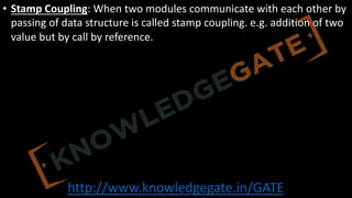 http://www.knowledgegate.in/GATE
• Stamp Coupling: When two modules communicate with each other by
passing of data structure is called stamp coupling. e.g. addition of two
value but by call by reference.
 