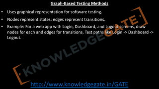 http://www.knowledgegate.in/GATE
Graph-Based Testing Methods
• Uses graphical representation for software testing.
• Nodes represent states; edges represent transitions.
• Example: For a web app with Login, Dashboard, and Logout screens, draw
nodes for each and edges for transitions. Test paths like Login -> Dashboard ->
Logout.
 