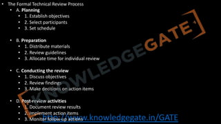 http://www.knowledgegate.in/GATE
• The Formal Technical Review Process
• A. Planning
• 1. Establish objectives
• 2. Select participants
• 3. Set schedule
• B. Preparation
• 1. Distribute materials
• 2. Review guidelines
• 3. Allocate time for individual review
• C. Conducting the review
• 1. Discuss objectives
• 2. Review findings
• 3. Make decisions on action items
• D. Post-review activities
• 1. Document review results
• 2. Implement action items
• 3. Monitor follow-up actions
 