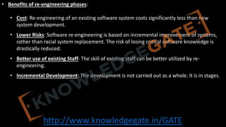 http://www.knowledgegate.in/GATE
• Benefits of re-engineering phases:
• Cost: Re-engineering of an existing software system costs significantly less than new
system development.
• Lower Risks: Software re-engineering is based on incremental improvement of systems,
rather than racial system replacement. The risk of losing critical software knowledge is
drastically reduced.
• Better use of existing Staff: The skill of existing staff can be better utilized by re-
engineering.
• Incremental Development: The development is not carried out as a whole. It is in stages.
 