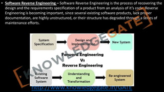 http://www.knowledgegate.in/GATE
• Software Reverse Engineering – Software Reverse Engineering is the process of recovering the
design and the requirements specification of a product from an analysis of it’s code. Reverse
Engineering is becoming important, since several existing software products, lack proper
documentation, are highly unstructured, or their structure has degraded through a series of
maintenance efforts.
 