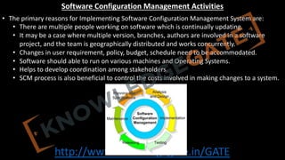 http://www.knowledgegate.in/GATE
Software Configuration Management Activities
• The primary reasons for Implementing Software Configuration Management System are:
• There are multiple people working on software which is continually updating.
• It may be a case where multiple version, branches, authors are involved in a software
project, and the team is geographically distributed and works concurrently.
• Changes in user requirement, policy, budget, schedule need to be accommodated.
• Software should able to run on various machines and Operating Systems.
• Helps to develop coordination among stakeholders.
• SCM process is also beneficial to control the costs involved in making changes to a system.
 