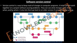 http://www.knowledgegate.in/GATE
Software version control
• Version control is a way to keep track of changes in computer programs. It helps people work
together on a project without causing problems. They can see what changes were made,
when, and by whom. It also lets them go back to an older version if something goes wrong.
 