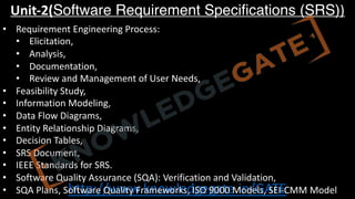 http://www.knowledgegate.in/GATE
Unit-2(Software Requirement Specifications (SRS))
• Requirement Engineering Process:
• Elicitation,
• Analysis,
• Documentation,
• Review and Management of User Needs,
• Feasibility Study,
• Information Modeling,
• Data Flow Diagrams,
• Entity Relationship Diagrams,
• Decision Tables,
• SRS Document,
• IEEE Standards for SRS.
• Software Quality Assurance (SQA): Verification and Validation,
• SQA Plans, Software Quality Frameworks, ISO 9000 Models, SEI-CMM Model
 