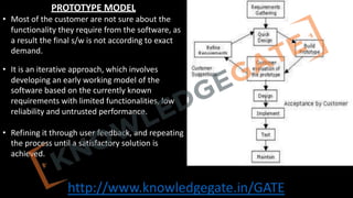 http://www.knowledgegate.in/GATE
PROTOTYPE MODEL
• Most of the customer are not sure about the
functionality they require from the software, as
a result the final s/w is not according to exact
demand.
• It is an iterative approach, which involves
developing an early working model of the
software based on the currently known
requirements with limited functionalities, low
reliability and untrusted performance.
• Refining it through user feedback, and repeating
the process until a satisfactory solution is
achieved.
 