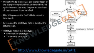 http://www.knowledgegate.in/GATE
• Then shown to the user, as per the feedback of
the user prototype is rebuilt and modified and
again shown to the user, the process continue
till the customer is not satisfied.
• After this process the final SRS document is
developed.
• Developing the prototype help in building the
actual design.
• Prototype model is of two types
• Evolutionary prototype
• Throwaway prototype
 