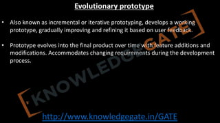 http://www.knowledgegate.in/GATE
Evolutionary prototype
• Also known as incremental or iterative prototyping, develops a working
prototype, gradually improving and refining it based on user feedback.
• Prototype evolves into the final product over time with feature additions and
modifications. Accommodates changing requirements during the development
process.
 