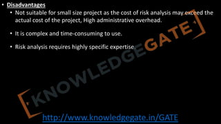 http://www.knowledgegate.in/GATE
• Disadvantages
• Not suitable for small size project as the cost of risk analysis may exceed the
actual cost of the project, High administrative overhead.
• It is complex and time-consuming to use.
• Risk analysis requires highly specific expertise.
 