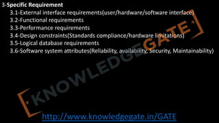 http://www.knowledgegate.in/GATE
3-Specific Requirement
3.1-External interface requirements(user/hardware/software interface)
3.2-Functional requirements
3.3-Performance requirements
3.4-Design constraints(Standards compliance/hardware limitations)
3.5-Logical database requirements
3.6-Software system attributes(Reliability, availability, Security, Maintainability)
 