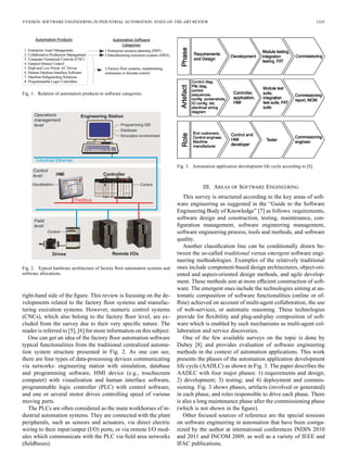 VYATKIN: SOFTWARE ENGINEERING IN INDUSTRIAL AUTOMATION: STATE-OF-THE-ART REVIEW 1235
Fig. 1. Relation of automation products to software categories.
Fig. 2. Typical hardware architecture of factory ﬂoor automation systems and
software allocations.
right-hand side of the ﬁgure. This review is focusing on the de-
velopments related to the factory ﬂoor systems and manufac-
turing execution systems. However, numeric control systems
(CNCs), which also belong to the factory ﬂoor level, are ex-
cluded from the survey due to their very speciﬁc nature. The
reader is referred to [5], [6] for more information on this subject.
One can get an idea of the factory ﬂoor automation software
typical functionalities from the traditional centralized automa-
tion system structure presented in Fig. 2. As one can see,
there are four types of data-processing devices communicating
via networks: engineering station with simulation, database
and programming software, HMI device (e.g., touchscreen
computer) with visualization and human interface software,
programmable logic controller (PLC) with control software,
and one or several motor drives controlling speed of various
moving parts.
The PLCs are often considered as the main workhorses of in-
dustrial automation systems. They are connected with the plant
peripherals, such as sensors and actuators, via direct electric
wiring to their input/output (I/O) ports, or via remote I/O mod-
ules which communicate with the PLC via ﬁeld area networks
(ﬁeldbuses).
Fig. 3. Automation application development life cycle according to [8].
III. AREAS OF SOFTWARE ENGINEERING
This survey is structured according to the key areas of soft-
ware engineering as suggested in the “Guide to the Software
Engineering Body of Knowledge” [7] as follows: requirements,
software design and construction, testing, maintenance, con-
ﬁguration management, software engineering management,
software engineering process, tools and methods, and software
quality.
Another classiﬁcation line can be conditionally drawn be-
tween the so-called traditional versus emergent software engi-
neering methodologies. Examples of the relatively traditional
ones include component-based design architectures, object-ori-
ented and aspect-oriented design methods, and agile develop-
ment. These methods aim at more efﬁcient construction of soft-
ware. The emergent ones include the technologies aiming at au-
tomatic composition of software functionalities (online or of-
ﬂine) achieved on account of multi-agent collaboration, the use
of web-services, or automatic reasoning. These technologies
provide for ﬂexibility and plug-and-play composition of soft-
ware which is enabled by such mechanisms as multi-agent col-
laboration and service discoveries.
One of the few available surveys on the topic is done by
Dubey [8] and provides evaluation of software engineering
methods in the context of automation applications. This work
presents the phases of the automation application development
life cycle (AADLC) as shown in Fig. 3. The paper describes the
AADLC with four major phases: 1) requirements and design;
2) development; 3) testing; and 4) deployment and commis-
sioning. Fig. 3 shows phases, artifacts (involved or generated)
in each phase, and roles responsible to drive each phase. There
is also a long maintenance phase after the commissioning phase
(which is not shown in the ﬁgure).
Other focused sources of reference are the special sessions
on software engineering in automation that have been coorga-
nized by the author at international conferences INDIN 2010
and 2011 and INCOM 2009, as well as a variety of IEEE and
IFAC publications.
 