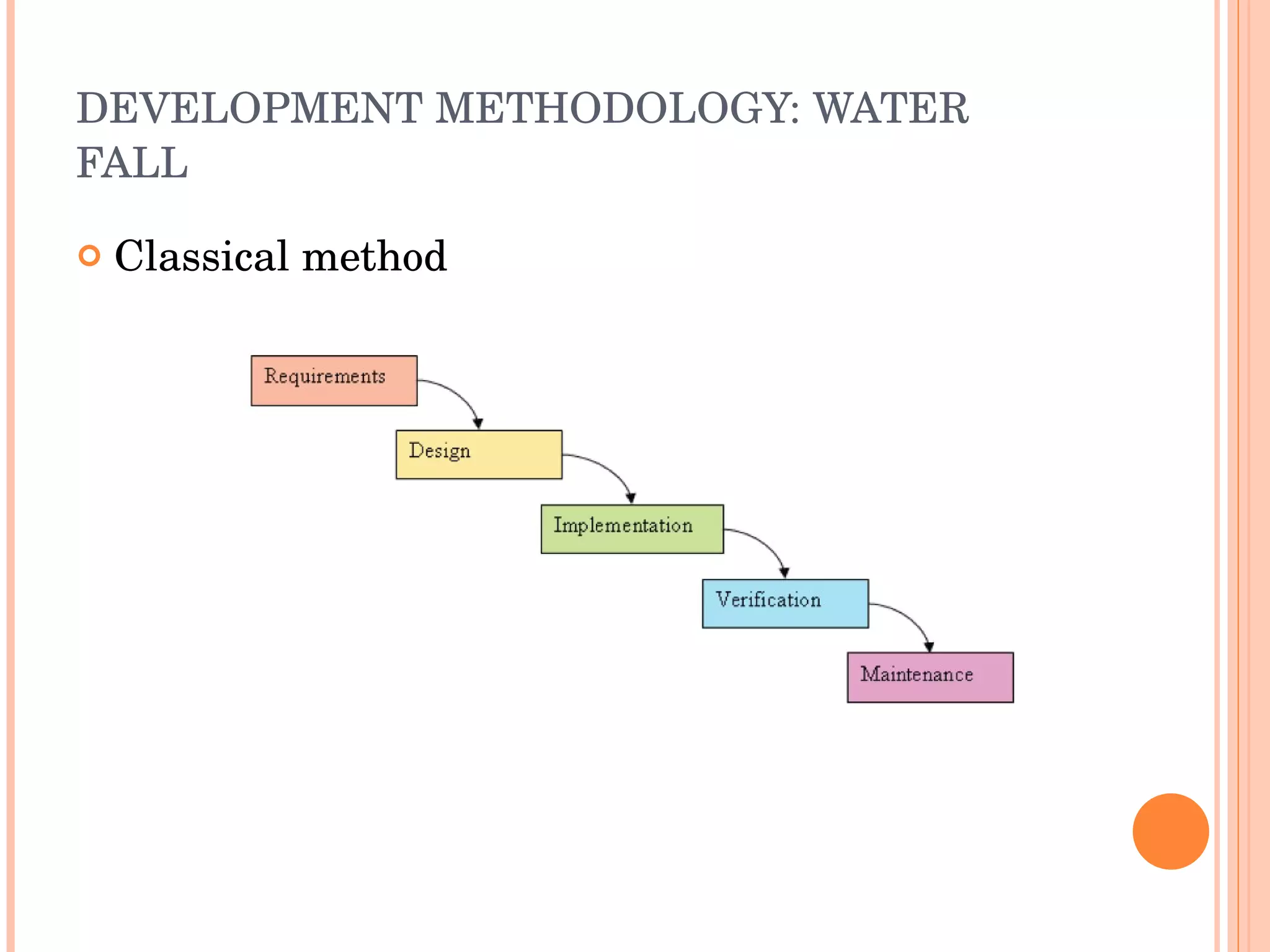 DEVELOPMENT METHODOLOGY: WATER FALL Classical method 