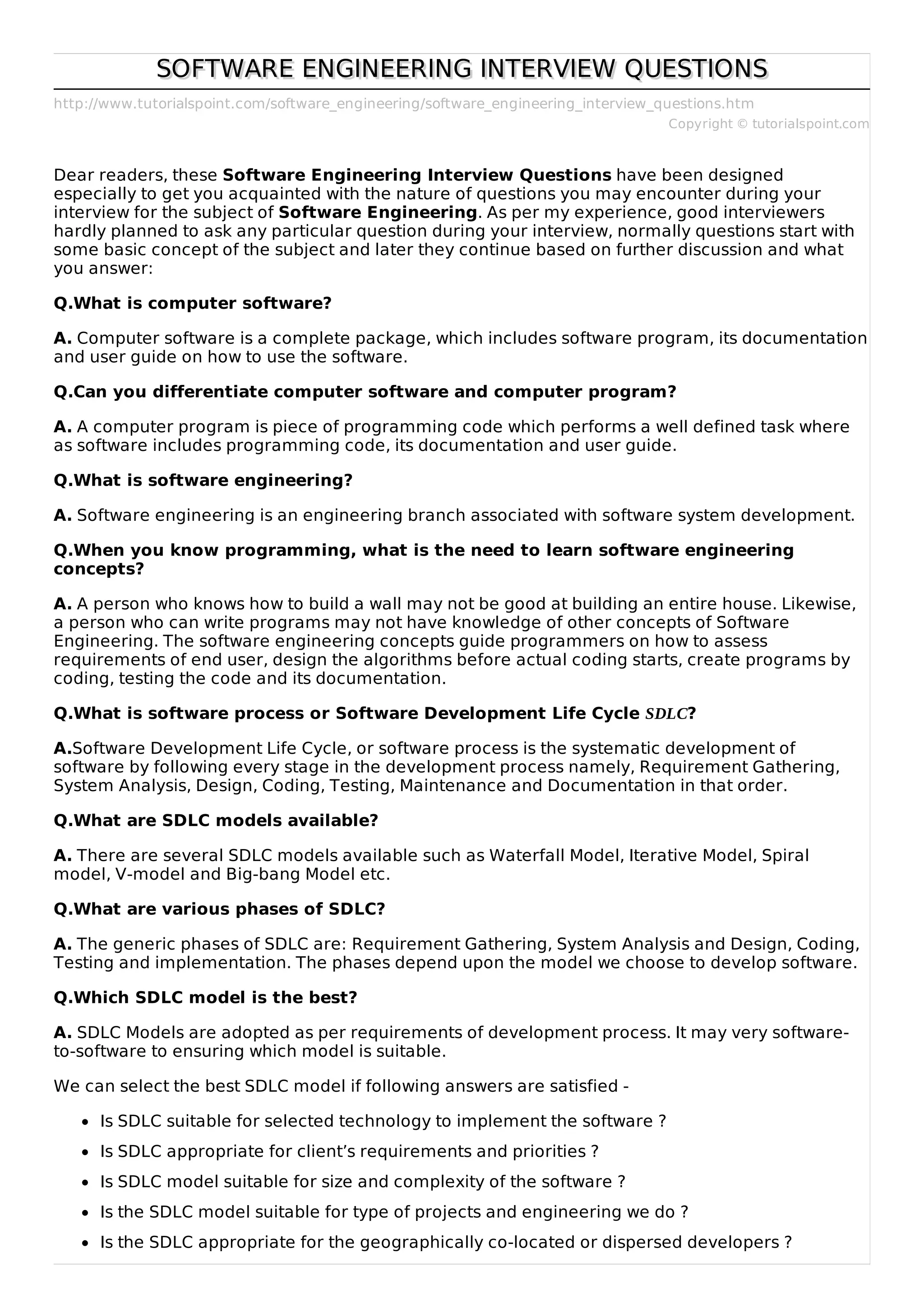 Software engineering interview questions | PDF