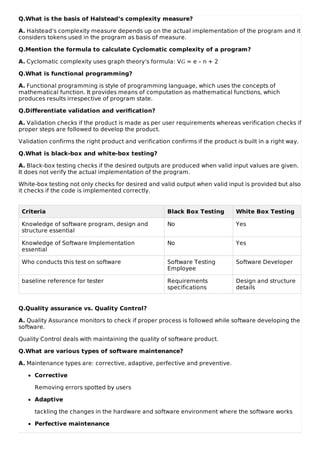 Q.What is the basis of Halstead’s complexity measure?
A. Halstead’s complexity measure depends up on the actual implementation of the program and it
considers tokens used in the program as basis of measure.
Q.Mention the formula to calculate Cyclomatic complexity of a program?
A. Cyclomatic complexity uses graph theory’s formula: VG = e – n + 2
Q.What is functional programming?
A. Functional programming is style of programming language, which uses the concepts of
mathematical function. It provides means of computation as mathematical functions, which
produces results irrespective of program state.
Q.Differentiate validation and verification?
A. Validation checks if the product is made as per user requirements whereas verification checks if
proper steps are followed to develop the product.
Validation confirms the right product and verification confirms if the product is built in a right way.
Q.What is black-box and white-box testing?
A. Black-box testing checks if the desired outputs are produced when valid input values are given.
It does not verify the actual implementation of the program.
White-box testing not only checks for desired and valid output when valid input is provided but also
it checks if the code is implemented correctly.
Criteria Black Box Testing White Box Testing
Knowledge of software program, design and
structure essential
No Yes
Knowledge of Software Implementation
essential
No Yes
Who conducts this test on software Software Testing
Employee
Software Developer
baseline reference for tester Requirements
specifications
Design and structure
details
Q.Quality assurance vs. Quality Control?
A. Quality Assurance monitors to check if proper process is followed while software developing the
software.
Quality Control deals with maintaining the quality of software product.
Q.What are various types of software maintenance?
A. Maintenance types are: corrective, adaptive, perfective and preventive.
Corrective
Removing errors spotted by users
Adaptive
tackling the changes in the hardware and software environment where the software works
Perfective maintenance
 