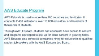 AWS Educate Program
AWS Educate is used in more than 200 countries and territories. It
connects 2,400 institutions, over 10,000 educators, and hundreds of
thousands of students.
Through AWS Educate, students and educators have access to content
and programs developed to skill up for cloud careers in growing fields.
AWS Educate also connects companies hiring for cloud skills to qualified
student job seekers with the AWS Educate Job Board.
 