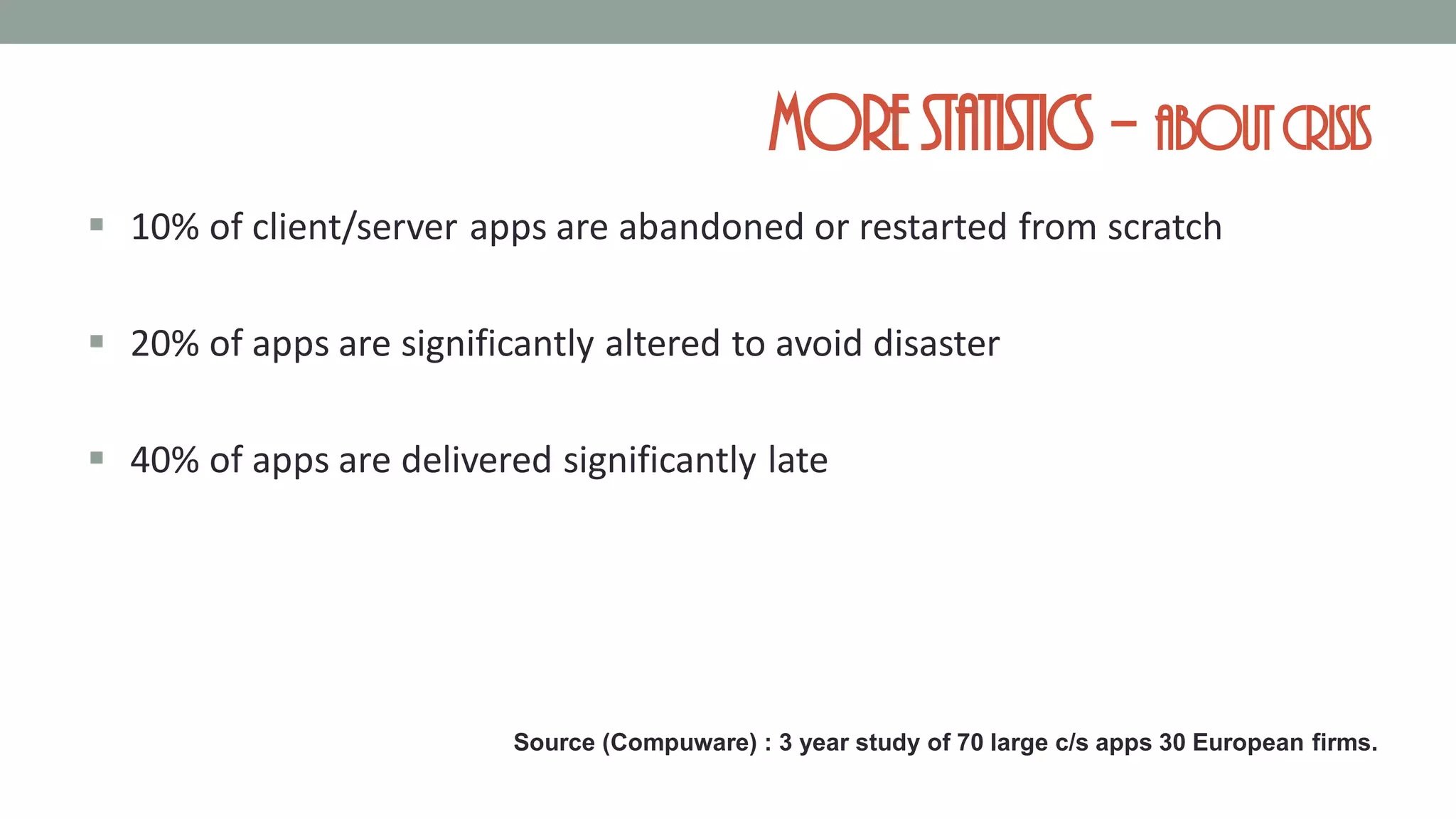 MoreStatistics – aboutcrisis
 10% of client/server apps are abandoned or restarted from scratch
 20% of apps are significantly altered to avoid disaster
 40% of apps are delivered significantly late
Source (Compuware) : 3 year study of 70 large c/s apps 30 European firms.
 