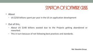 Symptomof softwarecrisis
 About
• US $250 billions spent per year in the US on application development
 Out of this,
• About US $140 billions wasted due to the Projects getting abandoned or
reworked.
• This in turn because of not following best practices and standards.
Ref: Standish Group
 