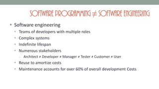 Software Programming≠ Software Engineering
 Software engineering
• Teams of developers with multiple roles
• Complex systems
• Indefinite lifespan
• Numerous stakeholders
o Architect ≠ Developer ≠ Manager ≠ Tester ≠ Customer ≠ User
• Reuse to amortize costs
• Maintenance accounts for over 60% of overall development Costs
 