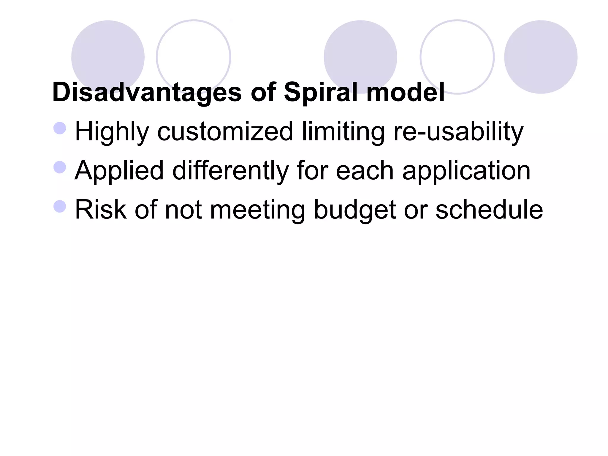 Disadvantages of Spiral model
 Highly customized limiting re-usability
 Applied differently for each application
 Risk of not meeting budget or schedule
 