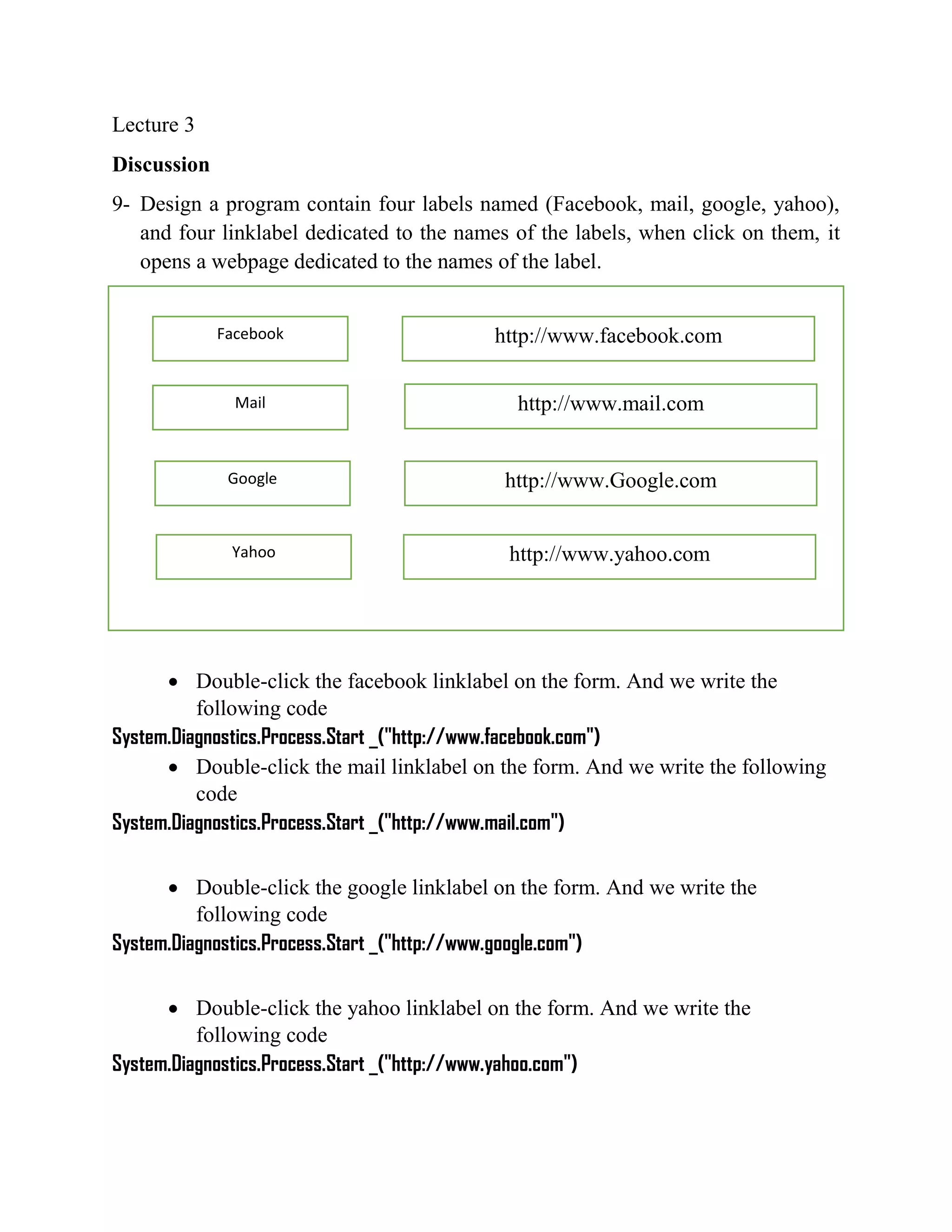 Lecture 3 Discussion 9- Design a program contain four labels named (Facebook, mail, google, yahoo), and four linklabel dedicated to the names of the labels, when click on them, it opens a webpage dedicated to the names of the label.  Double-click the facebook linklabel on the form. And we write the following code System.Diagnostics.Process.Start _("http://www.facebook.com")  Double-click the mail linklabel on the form. And we write the following code System.Diagnostics.Process.Start _("http://www.mail.com")  Double-click the google linklabel on the form. And we write the following code System.Diagnostics.Process.Start _("http://www.google.com")  Double-click the yahoo linklabel on the form. And we write the following code System.Diagnostics.Process.Start _("http://www.yahoo.com") Facebook http://www.facebook.com http://www.yahoo.com http://www.Google.com http://www.mail.com Yahoo Google Mail 