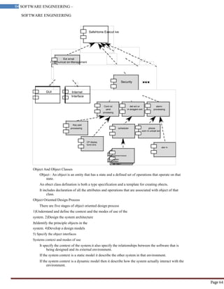SOFTWARE ENGINEERING
64 SOFTWARE ENGINEERING –
Material
Page 64
SafeHome Execut ive
Ext ernal
Communicat ion Management
Security
CP display
funct ions
alar m
sssensornnssoor
senens or
soro
sensor
sensorr
se nso r
GUI Internet
Interface
Cont rol det ect or alarm
panel m anagem ent processing
processing
Key pad
processing scheduler phone
com m unicat ion
Object And Object Classes
Object : An object is an entity that has a state and a defined set of operations that operate on that
state.
An obect class defination is both a type specification and a template for creating obects.
It includes declaration of all the attributes and operations that are associated with object of that
class.
Object Oriented Design Process
There are five stages of object oriented design process
1)Understand and define the context and the modes of use of the
system. 2)Design the system architecture
3)Identify the principle objects in the
system. 4)Develop a design models
5) Specify the object interfaces
Systems context and modes of use
It specify the context of the system.it also specify the relationships between the software that is
being designed and its external environment.
If the system context is a static model it describe the other system in that environment.
If the system context is a dynamic model then it describe how the system actually interact with the
environment.
 
