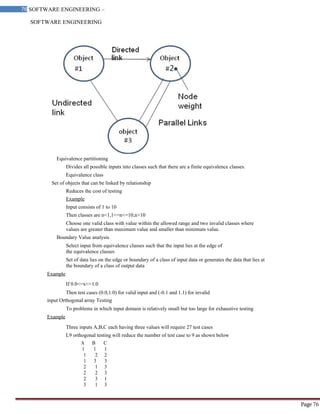 SOFTWARE ENGINEERING
76 SOFTWARE ENGINEERING –
Material
Page 76
Equivalence partitioning
Divides all possible inputs into classes such that there are a finite equivalence classes.
Equivalence class
Set of objects that can be linked by relationship
Reduces the cost of testing
Example
Input consists of 1 to 10
Then classes are n<1,1<=n<=10,n>10
Choose one valid class with value within the allowed range and two invalid classes where
values are greater than maximum value and smaller than minimum value.
Boundary Value analysis
Select input from equivalence classes such that the input lies at the edge of
the equivalence classes
Set of data lies on the edge or boundary of a class of input data or generates the data that lies at
the boundary of a class of output data
Example
If 0.0<=x<=1.0
Then test cases (0.0,1.0) for valid input and (-0.1 and 1.1) for invalid
input Orthogonal array Testing
To problems in which input domain is relatively small but too large for exhaustive testing
Example
Three inputs A,B,C each having three values will require 27 test cases
L9 orthogonal testing will reduce the number of test case to 9 as shown below
A B C
1 1 1
1 2 2
1 3 3
2 1 3
2 2 3
2 3 1
3 1 3
 