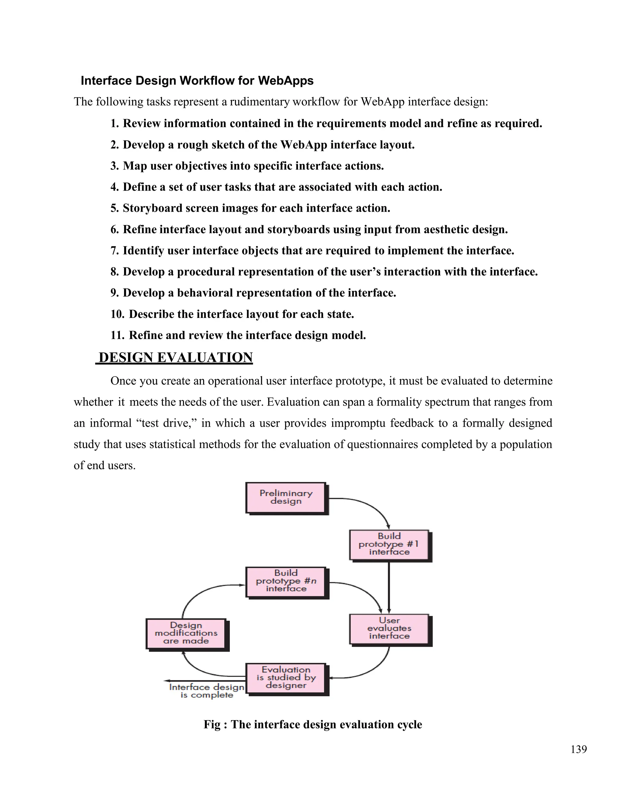 139
Interface Design Workflow for WebApps
The following tasks represent a rudimentary workflow for WebApp interface design:
1. Review information contained in the requirements model and refine as required.
2. Develop a rough sketch of the WebApp interface layout.
3. Map user objectives into specific interface actions.
4. Define a set of user tasks that are associated with each action.
5. Storyboard screen images for each interface action.
6. Refine interface layout and storyboards using input from aesthetic design.
7. Identify user interface objects that are required to implement the interface.
8. Develop a procedural representation of the user’s interaction with the interface.
9. Develop a behavioral representation of the interface.
10. Describe the interface layout for each state.
11. Refine and review the interface design model.
DESIGN EVALUATION
Once you create an operational user interface prototype, it must be evaluated to determine
whether it meets the needs of the user. Evaluation can span a formality spectrum that ranges from
an informal “test drive,” in which a user provides impromptu feedback to a formally designed
study that uses statistical methods for the evaluation of questionnaires completed by a population
of end users.
Fig : The interface design evaluation cycle
 