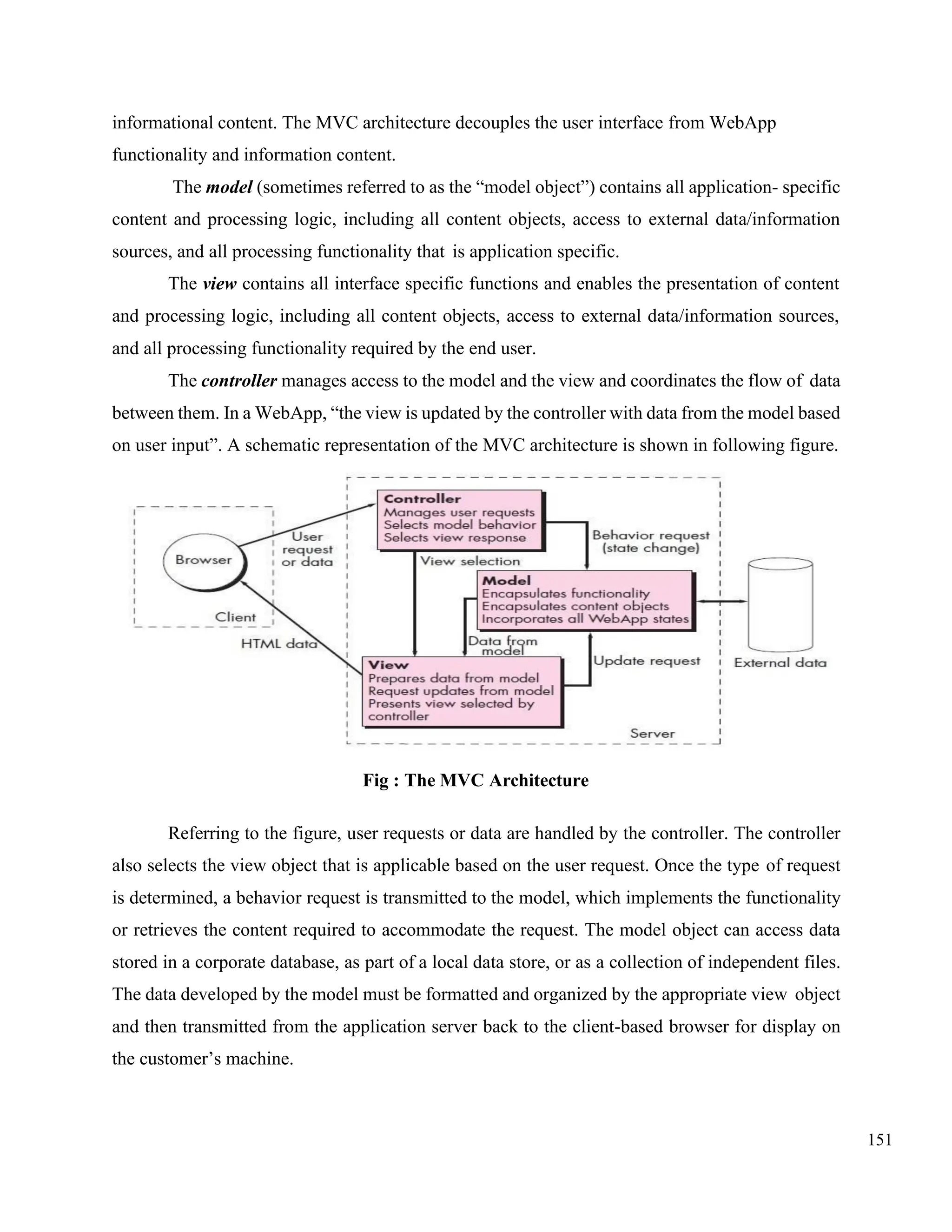 151
informational content. The MVC architecture decouples the user interface from WebApp
functionality and information content.
The model (sometimes referred to as the “model object”) contains all application- specific
content and processing logic, including all content objects, access to external data/information
sources, and all processing functionality that is application specific.
The view contains all interface specific functions and enables the presentation of content
and processing logic, including all content objects, access to external data/information sources,
and all processing functionality required by the end user.
The controller manages access to the model and the view and coordinates the flow of data
between them. In a WebApp, “the view is updated by the controller with data from the model based
on user input”. A schematic representation of the MVC architecture is shown in following figure.
Fig : The MVC Architecture
Referring to the figure, user requests or data are handled by the controller. The controller
also selects the view object that is applicable based on the user request. Once the type of request
is determined, a behavior request is transmitted to the model, which implements the functionality
or retrieves the content required to accommodate the request. The model object can access data
stored in a corporate database, as part of a local data store, or as a collection of independent files.
The data developed by the model must be formatted and organized by the appropriate view object
and then transmitted from the application server back to the client-based browser for display on
the customer’s machine.
 