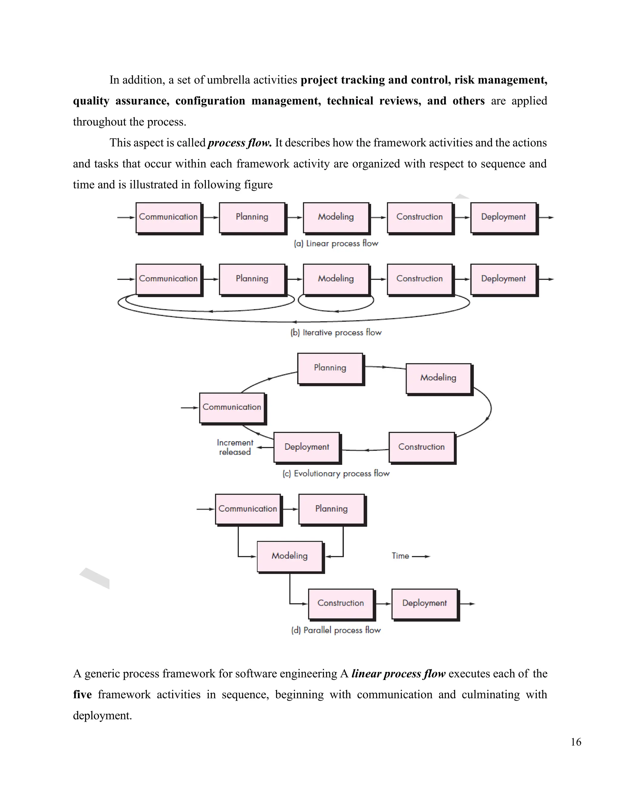 16
In addition, a set of umbrella activities project tracking and control, risk management,
quality assurance, configuration management, technical reviews, and others are applied
throughout the process.
This aspect is called process flow. It describes how the framework activities and the actions
and tasks that occur within each framework activity are organized with respect to sequence and
time and is illustrated in following figure
A generic process framework for software engineering A linear process flow executes each of the
five framework activities in sequence, beginning with communication and culminating with
deployment.
 