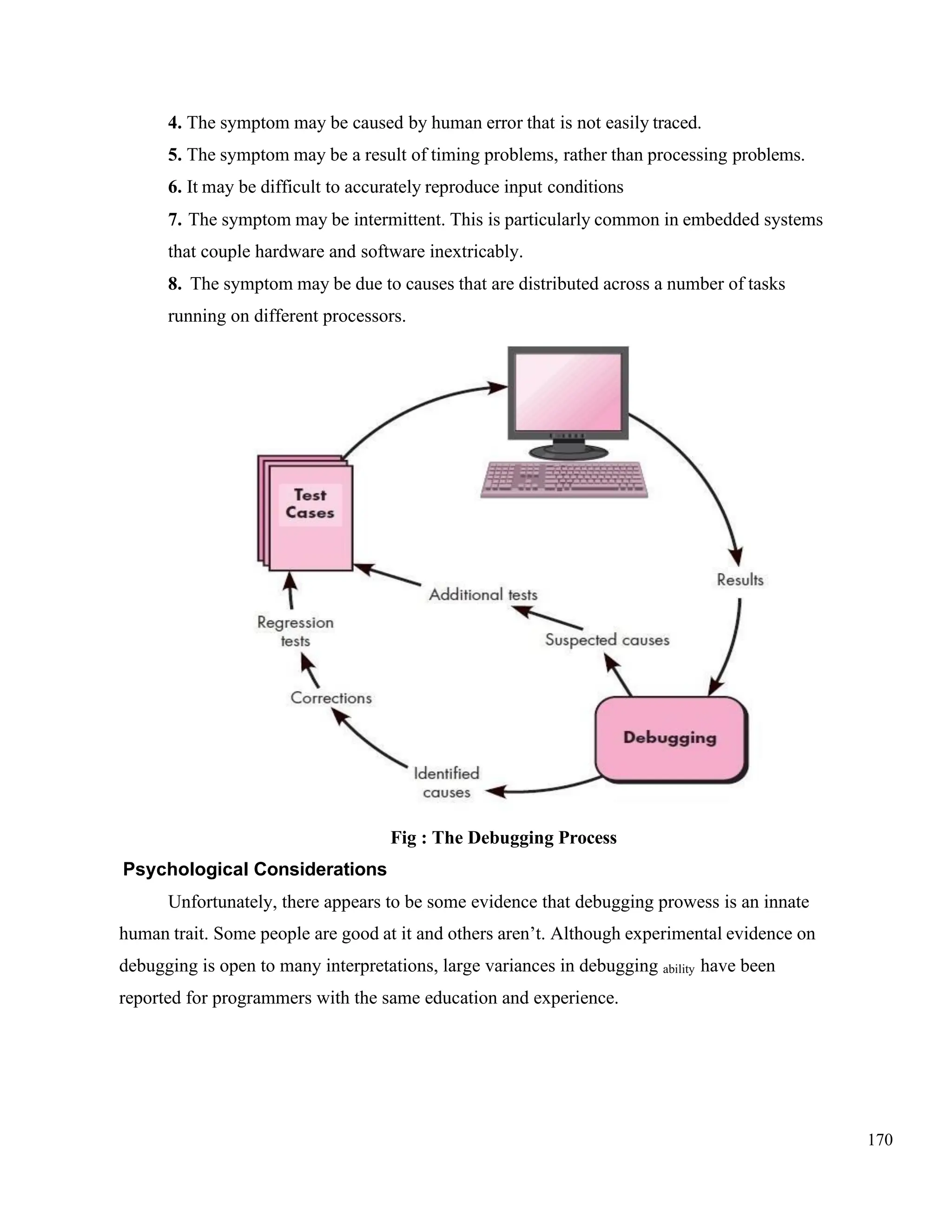 170
4. The symptom may be caused by human error that is not easily traced.
5. The symptom may be a result of timing problems, rather than processing problems.
6. It may be difficult to accurately reproduce input conditions
7. The symptom may be intermittent. This is particularly common in embedded systems
that couple hardware and software inextricably.
8. The symptom may be due to causes that are distributed across a number of tasks
running on different processors.
Fig : The Debugging Process
Psychological Considerations
Unfortunately, there appears to be some evidence that debugging prowess is an innate
human trait. Some people are good at it and others aren’t. Although experimental evidence on
debugging is open to many interpretations, large variances in debugging ability have been
reported for programmers with the same education and experience.
 