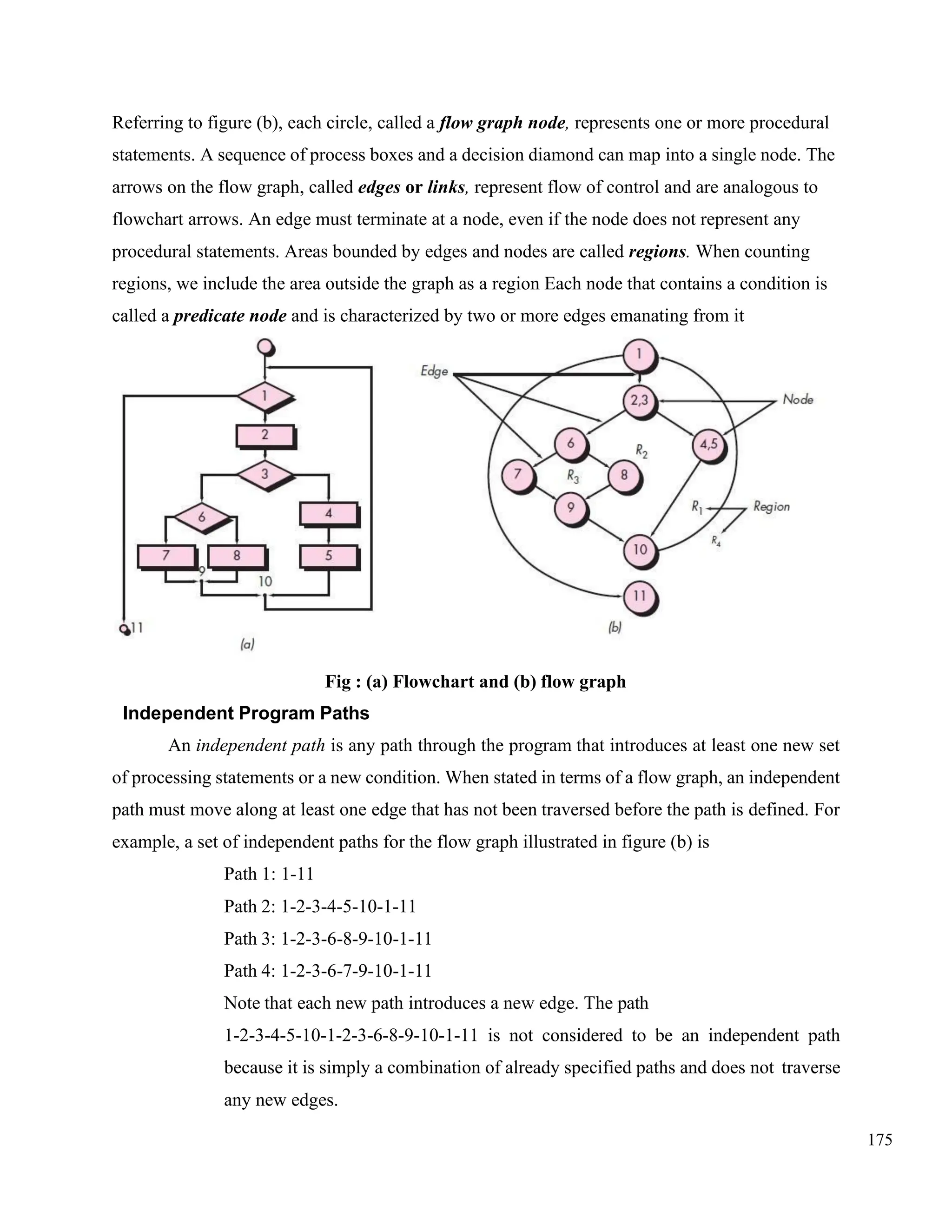 175
Referring to figure (b), each circle, called a flow graph node, represents one or more procedural
statements. A sequence of process boxes and a decision diamond can map into a single node. The
arrows on the flow graph, called edges or links, represent flow of control and are analogous to
flowchart arrows. An edge must terminate at a node, even if the node does not represent any
procedural statements. Areas bounded by edges and nodes are called regions. When counting
regions, we include the area outside the graph as a region Each node that contains a condition is
called a predicate node and is characterized by two or more edges emanating from it
Fig : (a) Flowchart and (b) flow graph
Independent Program Paths
An independent path is any path through the program that introduces at least one new set
of processing statements or a new condition. When stated in terms of a flow graph, an independent
path must move along at least one edge that has not been traversed before the path is defined. For
example, a set of independent paths for the flow graph illustrated in figure (b) is
Path 1: 1-11
Path 2: 1-2-3-4-5-10-1-11
Path 3: 1-2-3-6-8-9-10-1-11
Path 4: 1-2-3-6-7-9-10-1-11
Note that each new path introduces a new edge. The path
1-2-3-4-5-10-1-2-3-6-8-9-10-1-11 is not considered to be an independent path
because it is simply a combination of already specified paths and does not traverse
any new edges.
 