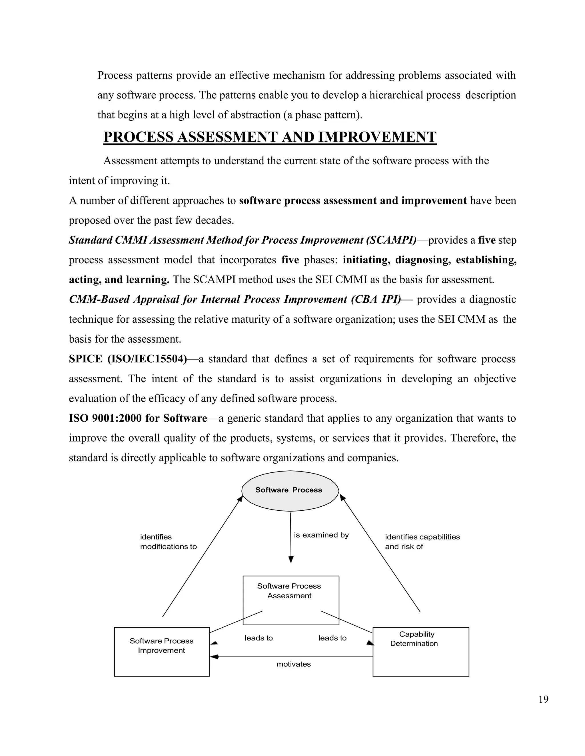 19
Process patterns provide an effective mechanism for addressing problems associated with
any software process. The patterns enable you to develop a hierarchical process description
that begins at a high level of abstraction (a phase pattern).
PROCESS ASSESSMENT AND IMPROVEMENT
Assessment attempts to understand the current state of the software process with the
intent of improving it.
A number of different approaches to software process assessment and improvement have been
proposed over the past few decades.
Standard CMMI Assessment Method for Process Improvement (SCAMPI)—provides a five step
process assessment model that incorporates five phases: initiating, diagnosing, establishing,
acting, and learning. The SCAMPI method uses the SEI CMMI as the basis for assessment.
CMM-Based Appraisal for Internal Process Improvement (CBA IPI)— provides a diagnostic
technique for assessing the relative maturity of a software organization; uses the SEI CMM as the
basis for the assessment.
SPICE (ISO/IEC15504)—a standard that defines a set of requirements for software process
assessment. The intent of the standard is to assist organizations in developing an objective
evaluation of the efficacy of any defined software process.
ISO 9001:2000 for Software—a generic standard that applies to any organization that wants to
improve the overall quality of the products, systems, or services that it provides. Therefore, the
standard is directly applicable to software organizations and companies.
Software Process
identifies
modifications to
is examined by identifies capabilities
and risk of
Software Process
Improvement
leads to leads to
Capability
Determination
motivates
Software Process
Assessment
 