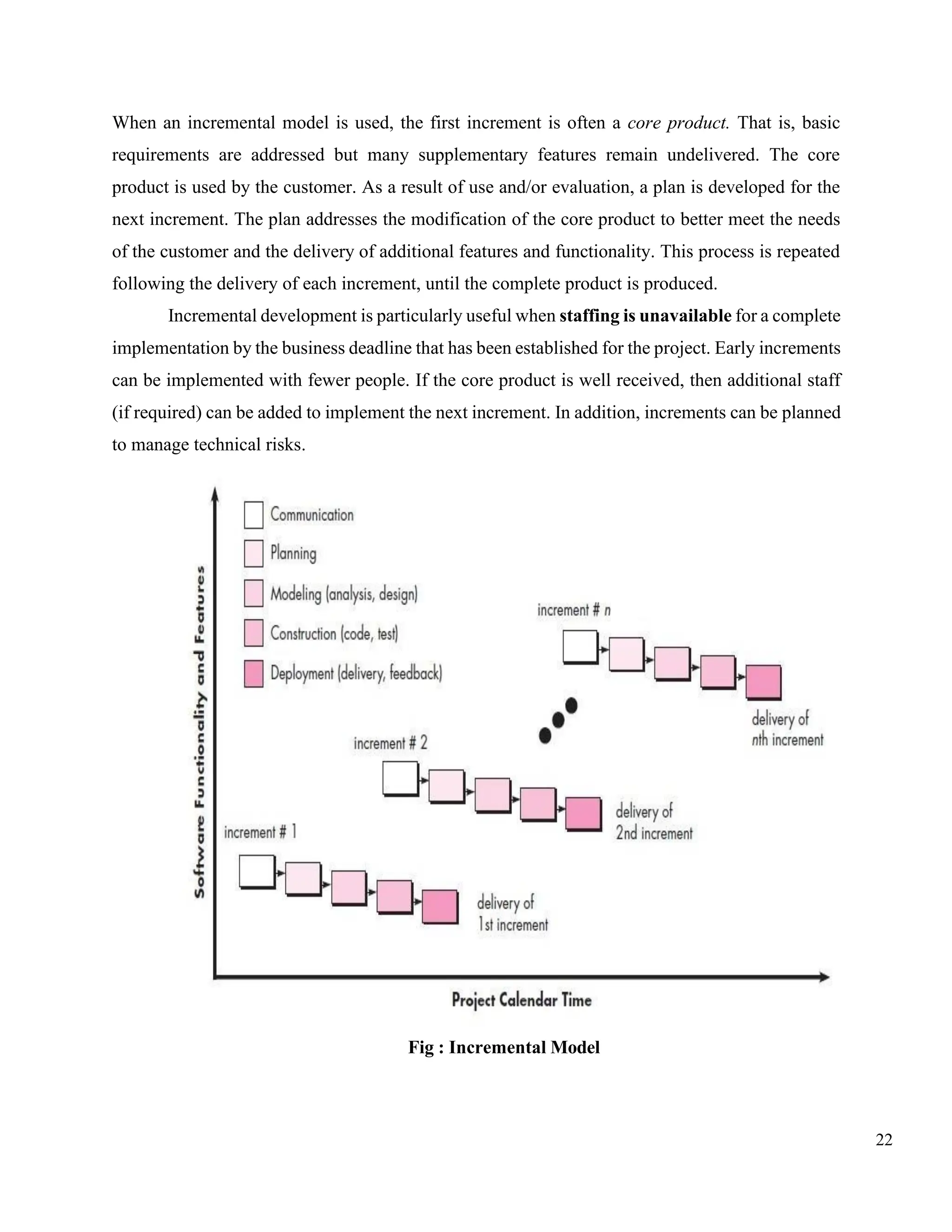 22
When an incremental model is used, the first increment is often a core product. That is, basic
requirements are addressed but many supplementary features remain undelivered. The core
product is used by the customer. As a result of use and/or evaluation, a plan is developed for the
next increment. The plan addresses the modification of the core product to better meet the needs
of the customer and the delivery of additional features and functionality. This process is repeated
following the delivery of each increment, until the complete product is produced.
Incremental development is particularly useful when staffing is unavailable for a complete
implementation by the business deadline that has been established for the project. Early increments
can be implemented with fewer people. If the core product is well received, then additional staff
(if required) can be added to implement the next increment. In addition, increments can be planned
to manage technical risks.
Fig : Incremental Model
 