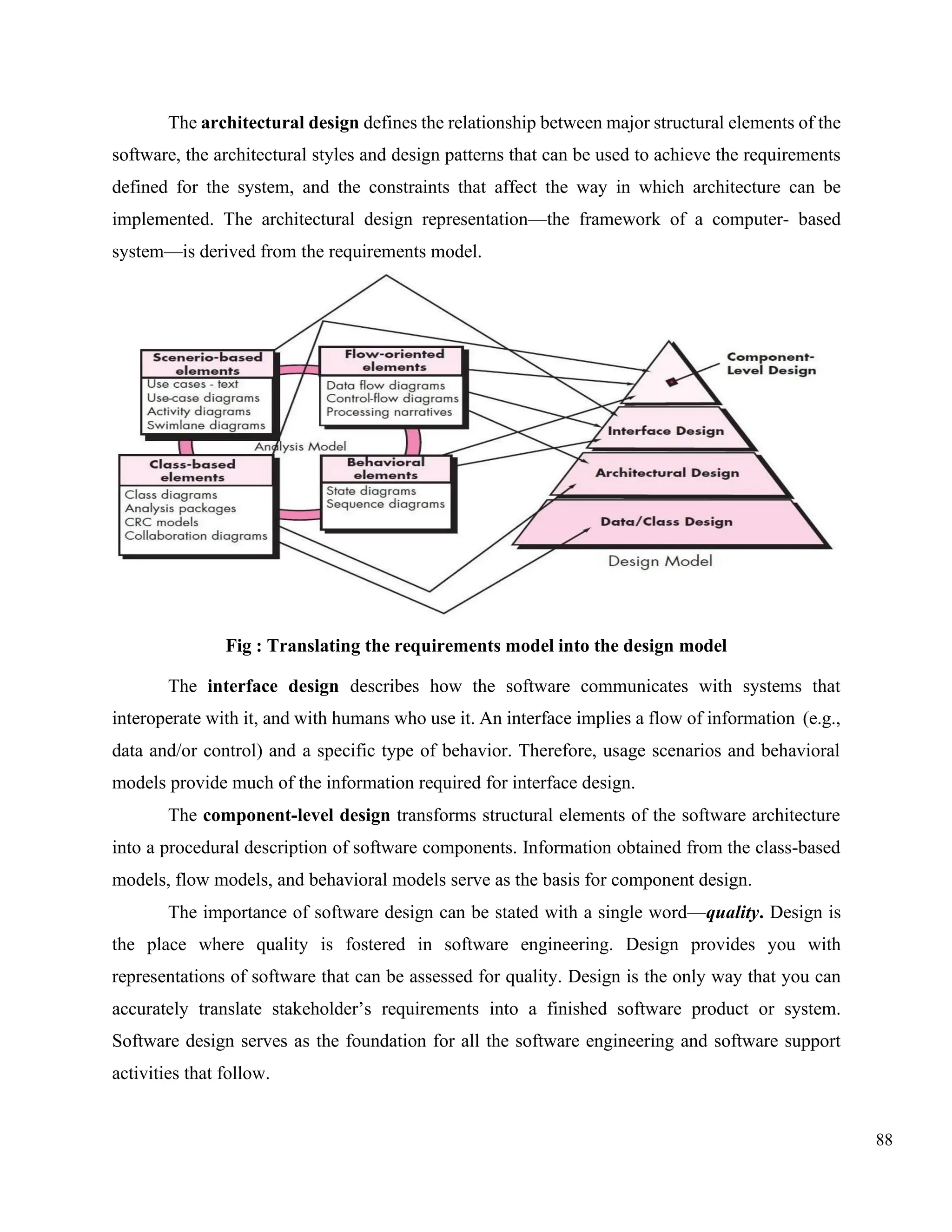 88
The architectural design defines the relationship between major structural elements of the
software, the architectural styles and design patterns that can be used to achieve the requirements
defined for the system, and the constraints that affect the way in which architecture can be
implemented. The architectural design representation—the framework of a computer- based
system—is derived from the requirements model.
Fig : Translating the requirements model into the design model
The interface design describes how the software communicates with systems that
interoperate with it, and with humans who use it. An interface implies a flow of information (e.g.,
data and/or control) and a specific type of behavior. Therefore, usage scenarios and behavioral
models provide much of the information required for interface design.
The component-level design transforms structural elements of the software architecture
into a procedural description of software components. Information obtained from the class-based
models, flow models, and behavioral models serve as the basis for component design.
The importance of software design can be stated with a single word—quality. Design is
the place where quality is fostered in software engineering. Design provides you with
representations of software that can be assessed for quality. Design is the only way that you can
accurately translate stakeholder’s requirements into a finished software product or system.
Software design serves as the foundation for all the software engineering and software support
activities that follow.
 