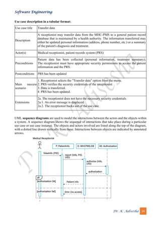 Software Engineering
Dr. K. Adisesha 24
Use case description in a tabular format:
Use case title Transfer data
Description
A receptionist may transfer data from the MHC-PMS to a general patient record
database that is maintained by a health authority. The information transferred may
either be updated personal information (address, phone number, etc.) or a summary
of the patient's diagnosis and treatment.
Actor(s) Medical receptionist, patient records system (PRS)
Preconditions
Patient data has been collected (personal information, treatment summary);
The receptionist must have appropriate security permissions to access the patient
information and the PRS.
Postconditions PRS has been updated
Main success
scenario
1. Receptionist selects the "Transfer data" option from the menu.
2. PRS verifies the security credentials of the receptionist.
3. Data is transferred.
4. PRS has been updated.
Extensions
2a. The receptionist does not have the necessary security credentials.
2a.1. An error message is displayed.
2a.2. The receptionist backs out of the use case.
UML sequence diagrams are used to model the interactions between the actors and the objects within
a system. A sequence diagram shows the sequence of interactions that take place during a particular
use case or use case instance. The objects and actors involved are listed along the top of the diagram,
with a dotted line drawn vertically from these. Interactions between objects are indicated by annotated
arrows.
 