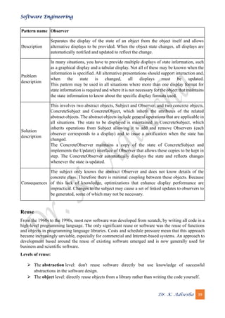 Software Engineering
Dr. K. Adisesha 39
Pattern name Observer
Description
Separates the display of the state of an object from the object itself and allows
alternative displays to be provided. When the object state changes, all displays are
automatically notified and updated to reflect the change.
Problem
description
In many situations, you have to provide multiple displays of state information, such
as a graphical display and a tabular display. Not all of these may be known when the
information is specified. All alternative presentations should support interaction and,
when the state is changed, all displays must be updated.
This pattern may be used in all situations where more than one display format for
state information is required and where it is not necessary for the object that maintains
the state information to know about the specific display formats used.
Solution
description
This involves two abstract objects, Subject and Observer, and two concrete objects,
ConcreteSubject and ConcreteObject, which inherit the attributes of the related
abstract objects. The abstract objects include general operations that are applicable in
all situations. The state to be displayed is maintained in ConcreteSubject, which
inherits operations from Subject allowing it to add and remove Observers (each
observer corresponds to a display) and to issue a notification when the state has
changed.
The ConcreteObserver maintains a copy of the state of ConcreteSubject and
implements the Update() interface of Observer that allows these copies to be kept in
step. The ConcreteObserver automatically displays the state and reflects changes
whenever the state is updated.
Consequences
The subject only knows the abstract Observer and does not know details of the
concrete class. Therefore there is minimal coupling between these objects. Because
of this lack of knowledge, optimizations that enhance display performance are
impractical. Changes to the subject may cause a set of linked updates to observers to
be generated, some of which may not be necessary.
Reuse
From the 1960s to the 1990s, most new software was developed from scratch, by writing all code in a
high-level programming language. The only significant reuse or software was the reuse of functions
and objects in programming language libraries. Costs and schedule pressure mean that this approach
became increasingly unviable, especially for commercial and Internet-based systems. An approach to
development based around the reuse of existing software emerged and is now generally used for
business and scientific software.
Levels of reuse:
➢ The abstraction level: don't reuse software directly but use knowledge of successful
abstractions in the software design.
➢ The object level: directly reuse objects from a library rather than writing the code yourself.
 