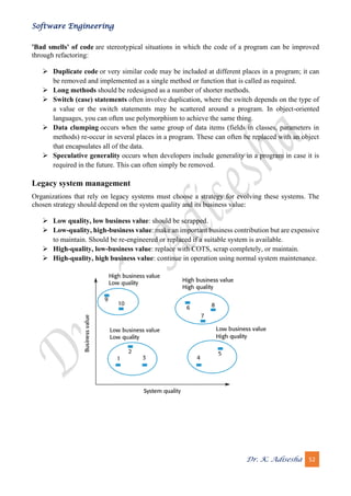 Software Engineering
Dr. K. Adisesha 52
'Bad smells' of code are stereotypical situations in which the code of a program can be improved
through refactoring:
➢ Duplicate code or very similar code may be included at different places in a program; it can
be removed and implemented as a single method or function that is called as required.
➢ Long methods should be redesigned as a number of shorter methods.
➢ Switch (case) statements often involve duplication, where the switch depends on the type of
a value or the switch statements may be scattered around a program. In object-oriented
languages, you can often use polymorphism to achieve the same thing.
➢ Data clumping occurs when the same group of data items (fields in classes, parameters in
methods) re-occur in several places in a program. These can often be replaced with an object
that encapsulates all of the data.
➢ Speculative generality occurs when developers include generality in a program in case it is
required in the future. This can often simply be removed.
Legacy system management
Organizations that rely on legacy systems must choose a strategy for evolving these systems. The
chosen strategy should depend on the system quality and its business value:
➢ Low quality, low business value: should be scrapped.
➢ Low-quality, high-business value: make an important business contribution but are expensive
to maintain. Should be re-engineered or replaced if a suitable system is available.
➢ High-quality, low-business value: replace with COTS, scrap completely, or maintain.
➢ High-quality, high business value: continue in operation using normal system maintenance.
 