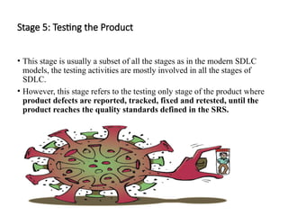 Stage 5: Testing the Product
• This stage is usually a subset of all the stages as in the modern SDLC
models, the testing activities are mostly involved in all the stages of
SDLC.
• However, this stage refers to the testing only stage of the product where
product defects are reported, tracked, fixed and retested, until the
product reaches the quality standards defined in the SRS.
 