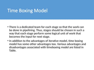 Time Boxing Model
• There is a dedicated team for each stage so that the work can
be done in pipelining. Thus, stages should be chosen in such a
way that each stage perform some logical unit of work that
becomes the input for next stage.
• In addition to the advantages of iterative model, time boxing
model has some other advantages too. Various advantages and
disadvantages associated with timeboxing model are listed in
Table.
 