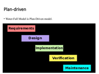 Plan-driven
• Water-Fall Model is Plan-Driven model.
 